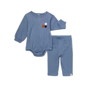 Organic‎ Cotton Baby Outfit Set Bodysuit and Pants Blue Squares Applique